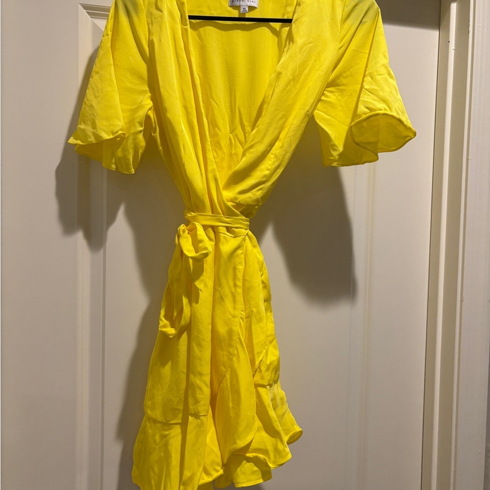 Gianni Bini Yellow Wrap Mini Dress with Flutter Sleeves